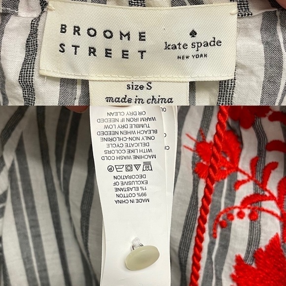 KATE SPADE BROOME STREET Striped Embroidered Peasant Top Blouse Black White XS - Picture 7 of 9